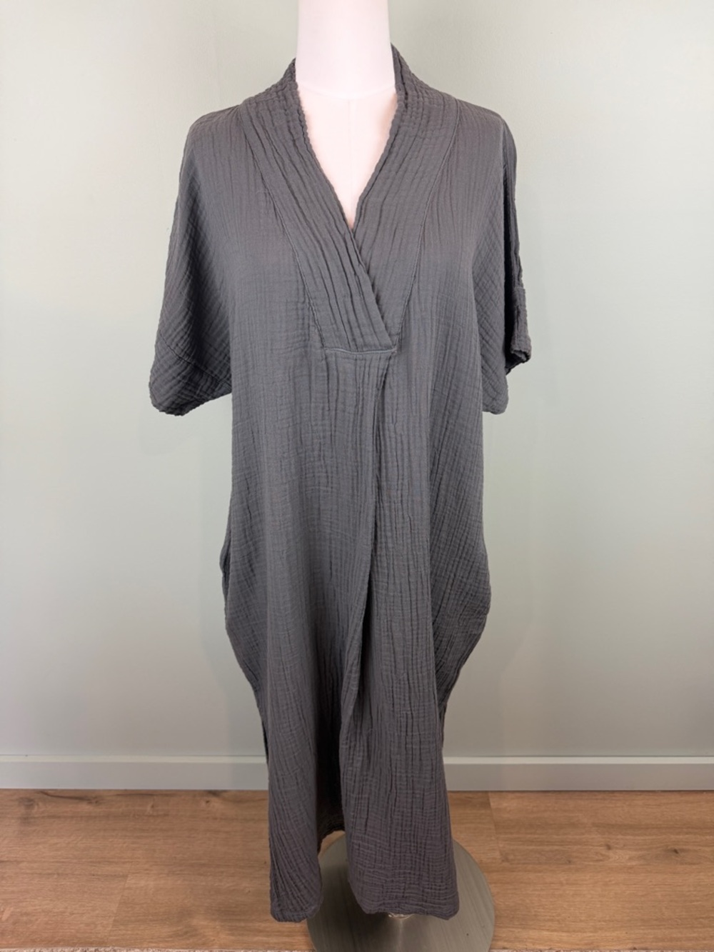 Honest Cotton Charcoal Gauzey Cotton V-Neck Maxi Tulum A-line Dress OSFM